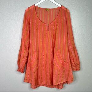 Echo Orange Pink Asymmetrical 3/4 Sleeve Tunic